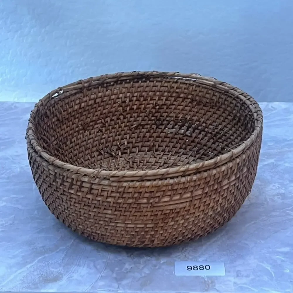 Natural Rattan Round Fruit Basket Weaved Aged Patina 10.5